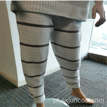 Calças compridas de pijama interior de flanela feminina com estampado listrado